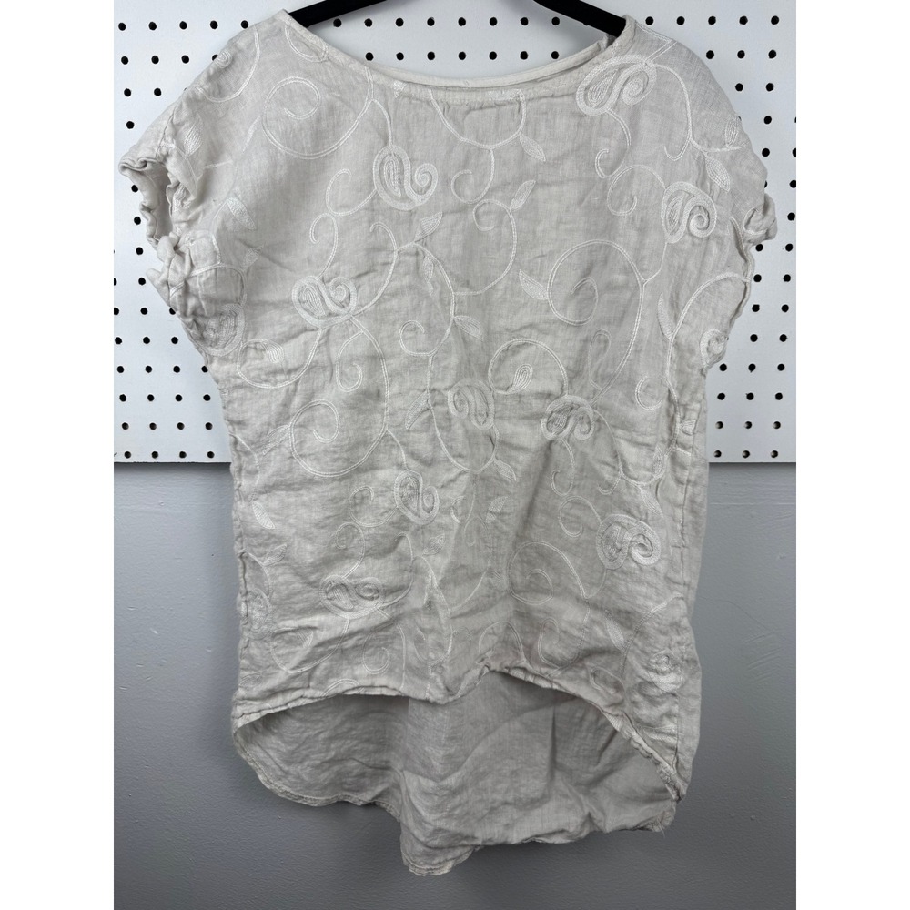 Made in Italy 100% Linen Embroidered Scroll Top Beige Boho Lagenlook Tunic S